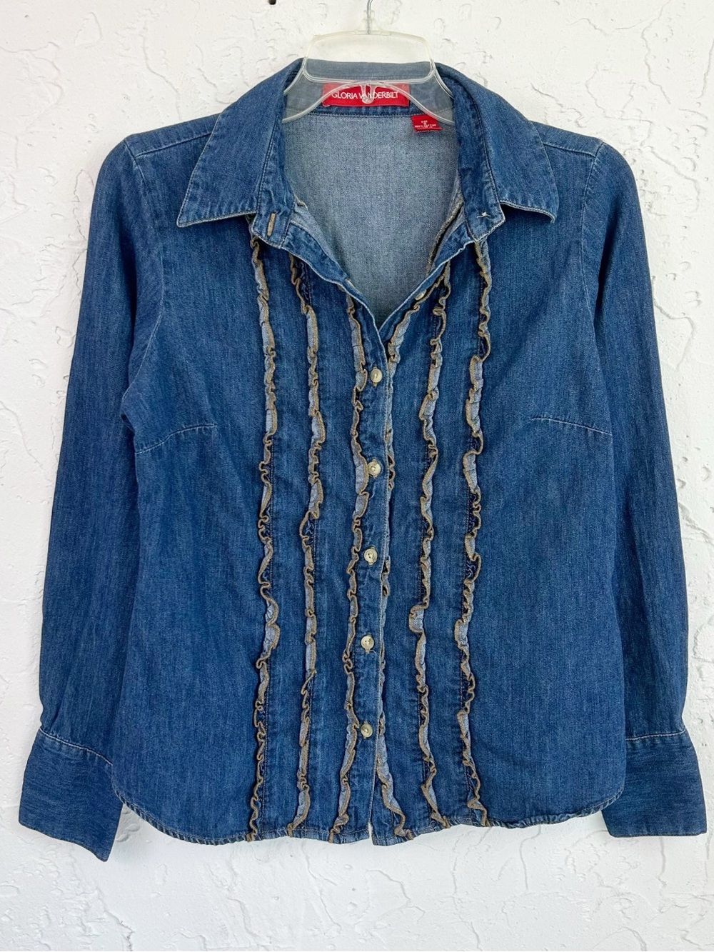 Vintage Blue Detail Ruffle Detail Collared Button Up Shirt Small Cottagecore